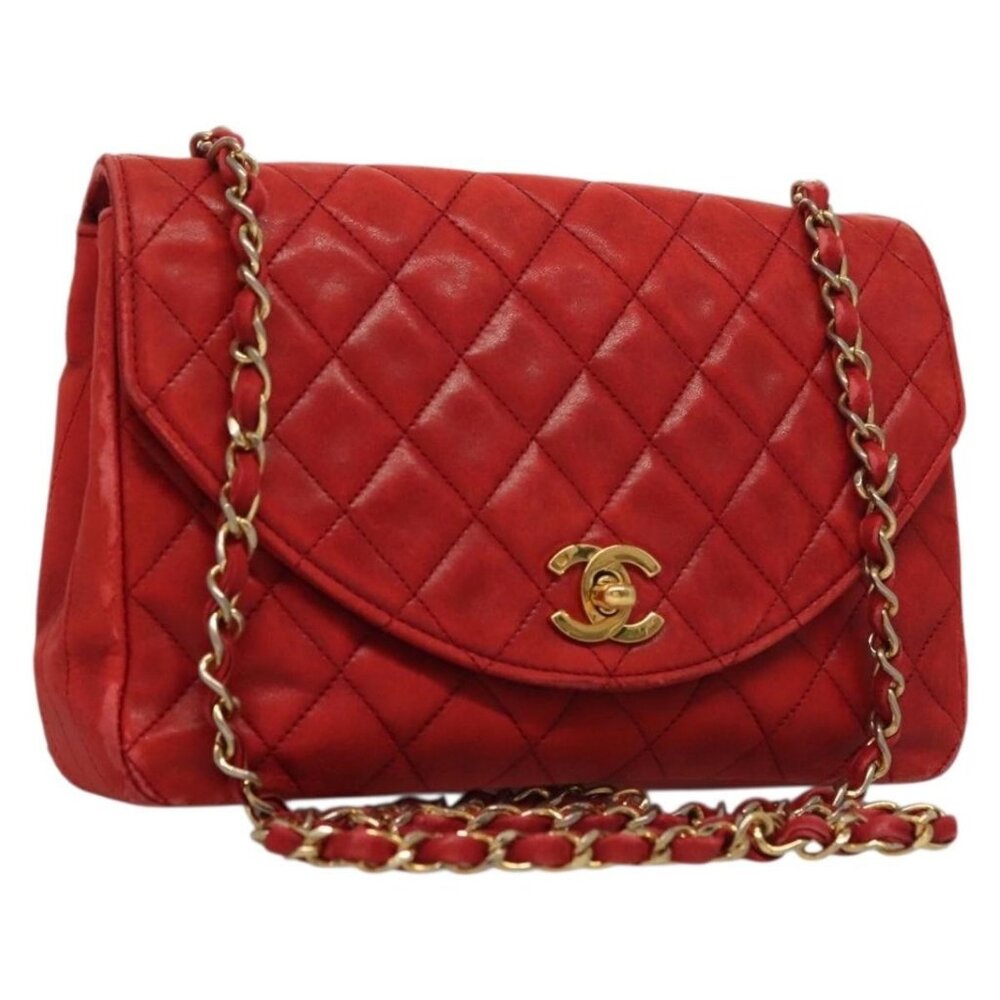 CHANEL Matelasse Chain Shoulder Bag Lamb Skin Red Gold CC Auth 136059 - Picture 1 of 16